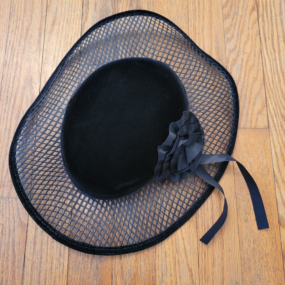 Vintage Wide Brim Hat Black Velvet Mesh Satin Flower Ribbon Derby Church
